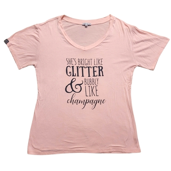 Mary Square Tops - Mary Square Glitter/Champagne Pink Graphic V-Neck T-Shirt